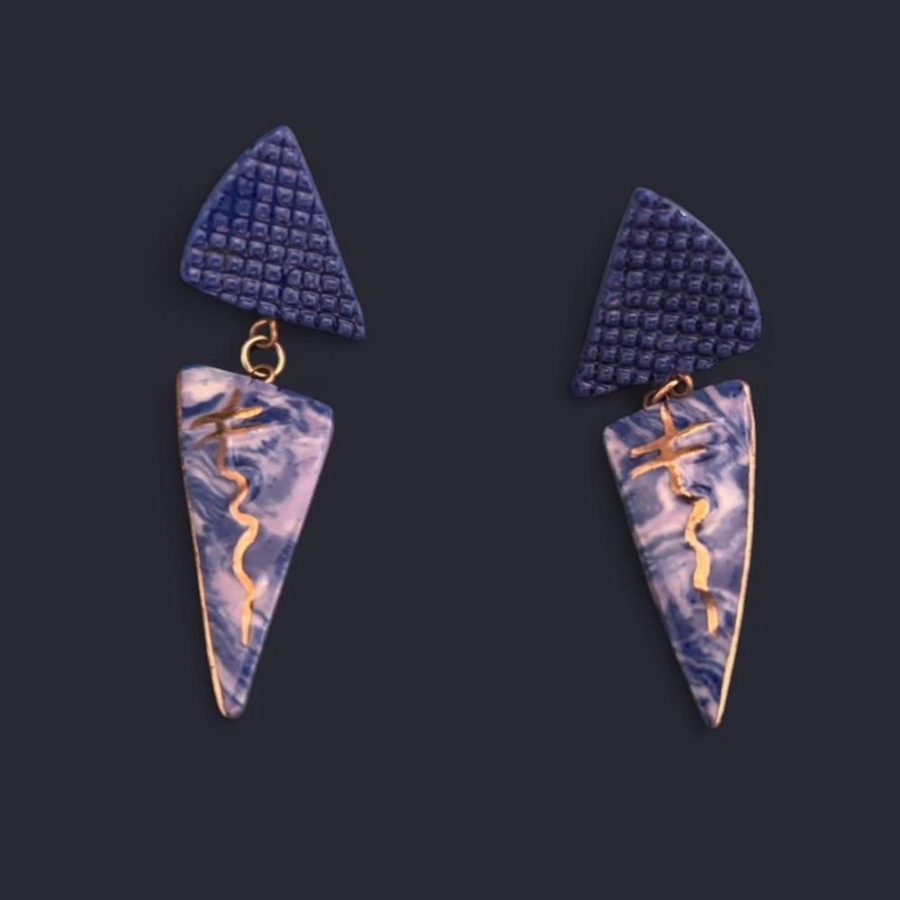 Navy Marble Geometric Drop Earrings with Gold Accents